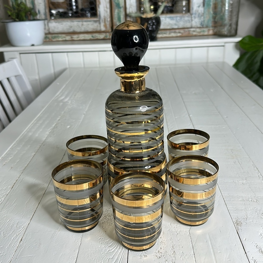 🎀Gold&Smoky gray Glassware Mid-century Modern Liquor Decanter5 Cordial Glasses